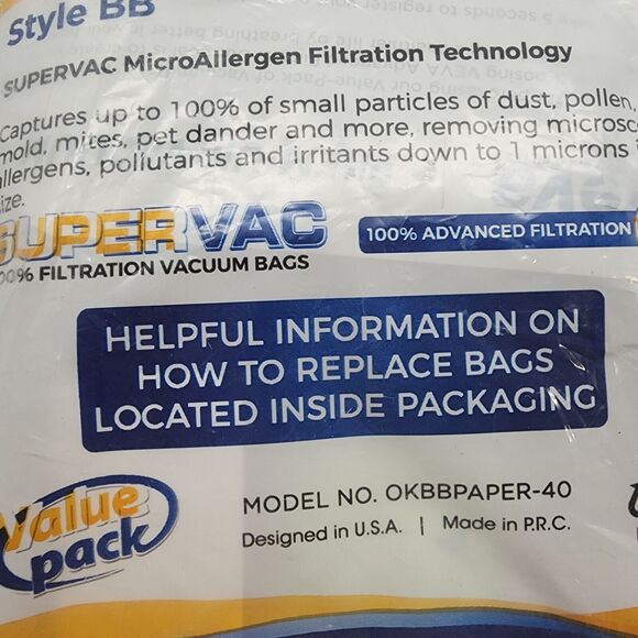 VEVA Premium Vacuum Bags Type BB 40 Count Super Vac 100% Filtration OKBBPAPER - Picture 7 of 8